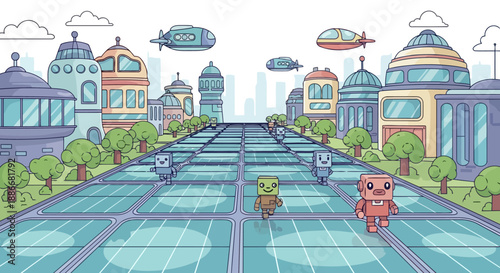 A group of cute cartoon robots walking in a line on a futuristic path.