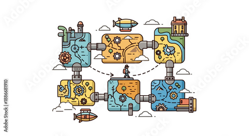 Character Navigating a Complex Steampunk World Map Illustration.