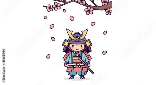 Cute chibi samurai warrior in traditional armor holding a katana sword.