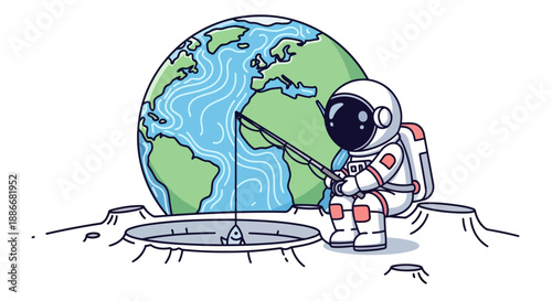 Cartoon astronaut fishing in a crater on the moons surface.