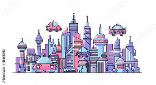 Colorful futuristic city skyline with flying cars vector illustration.