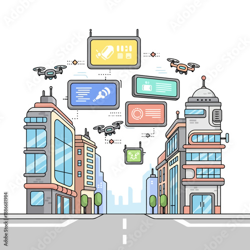 Hand drawn illustration of a smart city with drones and digital signs.