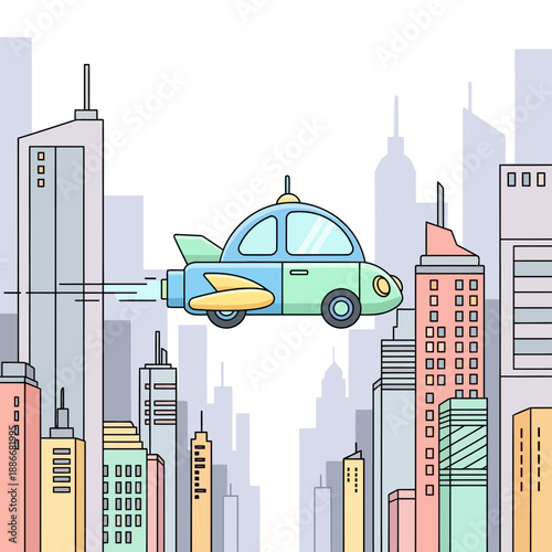 Cute cartoon flying car with wings and rocket propulsion.