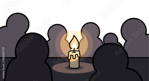 Silhouettes of people gathered in a circle around a single glowing candle.