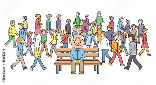Elderly man sitting alone on a wooden bench in a crowd.