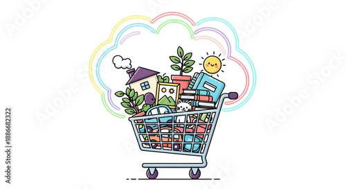 Shopping cart overflowing with a house, books, plants and other life essentials.