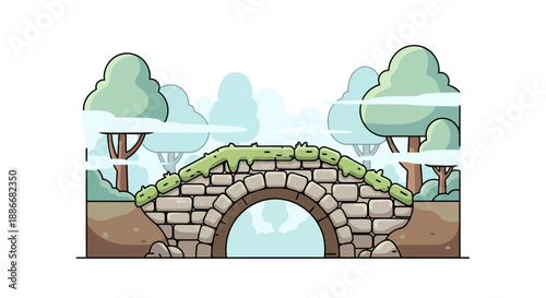 Old stone arch bridge with mossy top cartoon illustration.