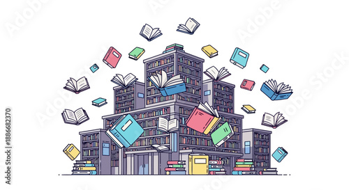 Creative concept of education with a library building and flying books.