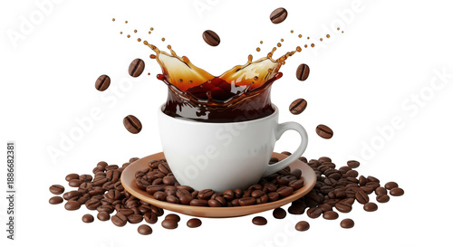 Dynamic coffee splash with flying beans captured in a white cup, energizing and aromatic