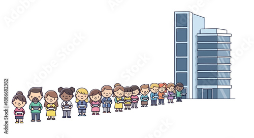 Diverse group of cartoon characters standing in a long queue.