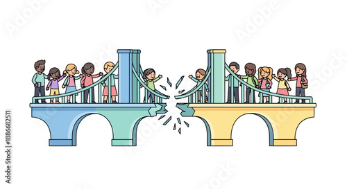 Diverse group of children working together to mend a broken bridge.