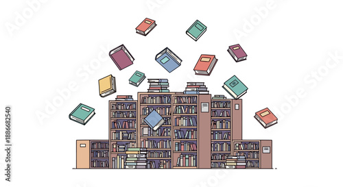Whimsical illustration of a library building with many books flying out.