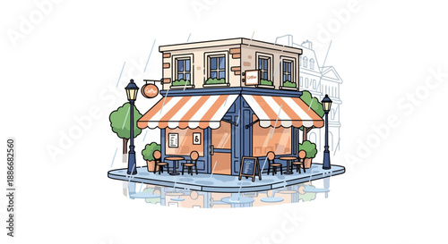 Charming Hand Drawn Illustration of a Corner Cafe Building.