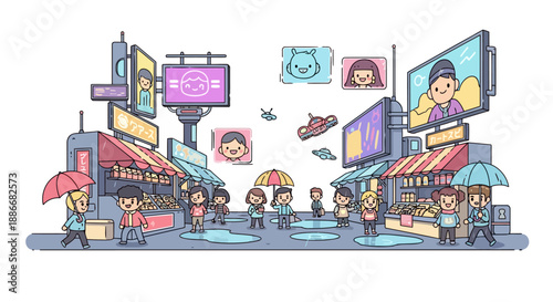 Vibrant cartoon cityscape with people and shops on a rainy day.