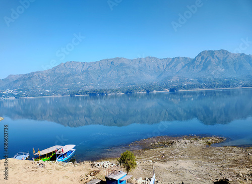 Beautiful Lake Reflection with Mountains and Small Boats