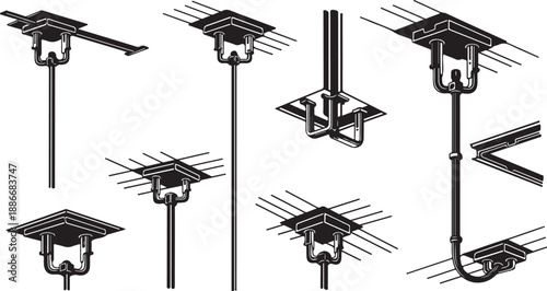Detailed illustrations of various downspout and gutter system components