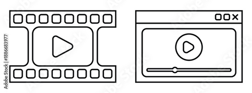 video media interface icon set vector, film strip play symbol and video player window with controls isolated on white background, ui ux illustration