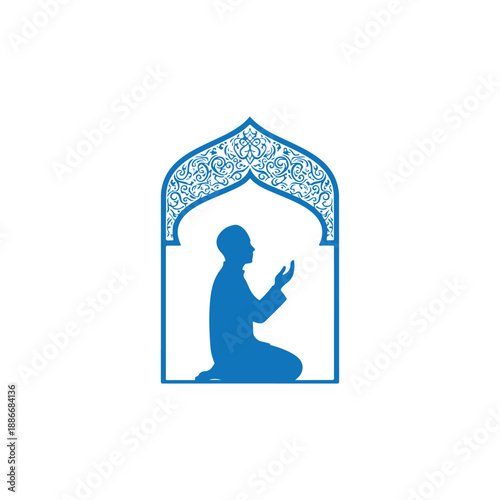 Silhouette of man praying in mosque arch