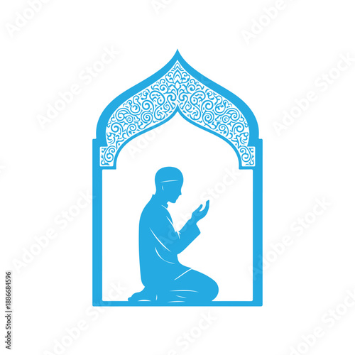 Silhouette of man praying in mosque arch