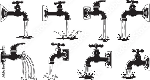 Black and white illustration of various faucet water flows