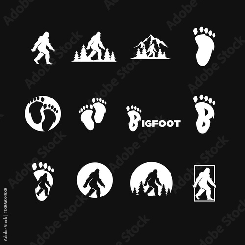 Bigfoot Sasquatch Footprint Silhouettes and Icons Set for Logo and Graphic Design