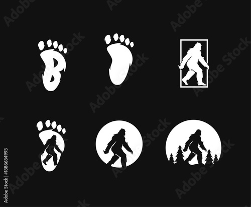 Bigfoot Sasquatch Footprint and Silhouette Vector Logos Set