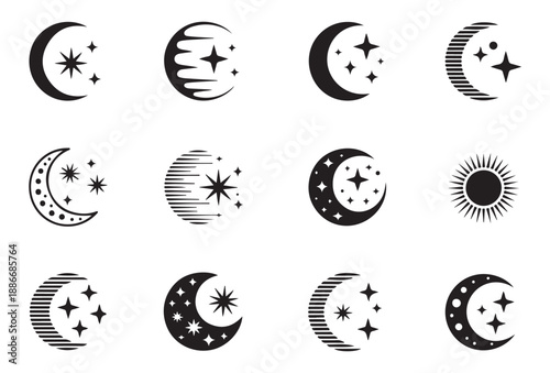 Collection of stylized moon and star icons representing night sky and celestial bodies