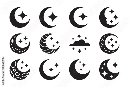 Collection of black celestial icons featuring moons clouds and stars vector graphics