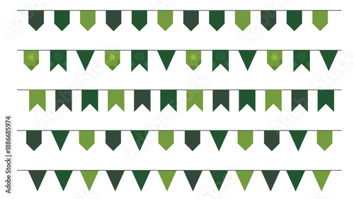 Green Festival Bunting Flags Collection. Vibrant green festival flags in geometric shapes for party decoration