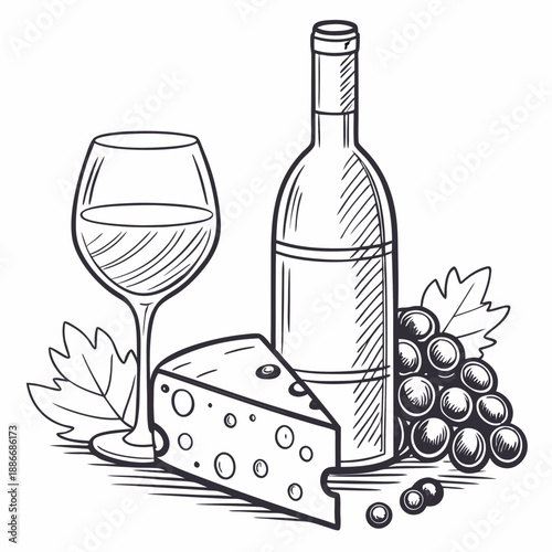 Composition of wine glass, bottle, cheese and grape. Sketch style illustration for poster or invitation to party