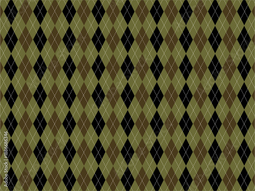 Seamless argyle pattern with repeating diamond shapes in muted green, brown, and black tones. Classic geometric textile design with a vintage and preppy aesthetic. Ideal for fabric prints.