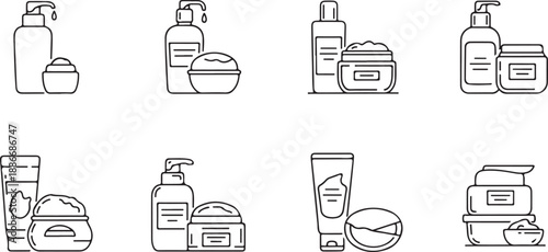 Skincare Product Icons: Bottles and Jars with Cream, Isolated on White Background
