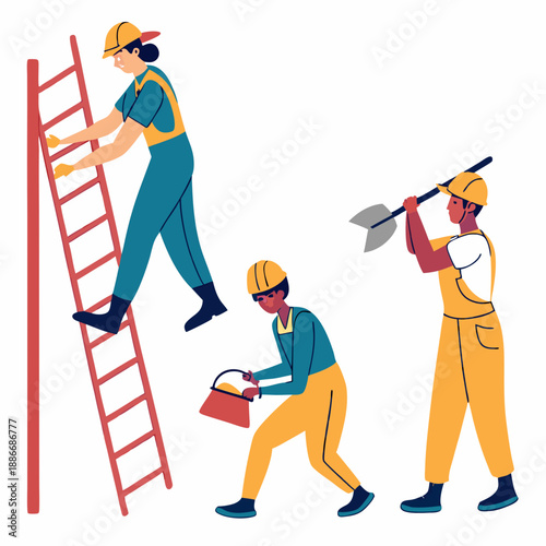 Construction Workers Vector Flat Illustration Set Isolated On A White Background