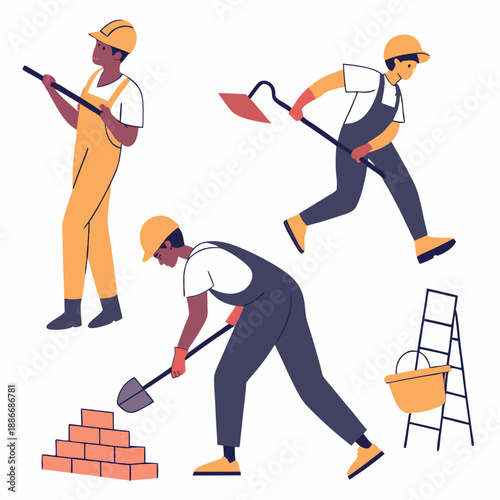 Construction Workers Vector Flat Illustration Set Isolated On A White Background