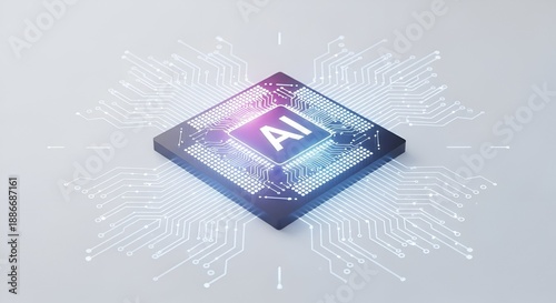 A futuristic microchip with AI technology on a circuit board background