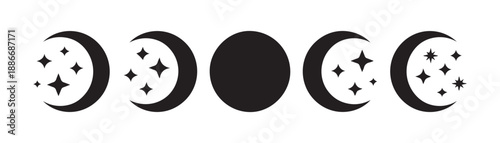 Celestial moon phases and stars icons set on white background vector illustration