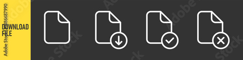 File document outline icons set: download file, import document, approved and rejected file symbols. Minimal line style UI UX icons for web, app and software interfaces
