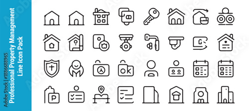 Professional property management line icon pack with house key contract and building symbols