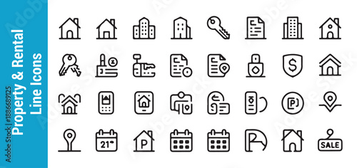 Property and rental line icons set for real estate business including houses keys building maps and calendars