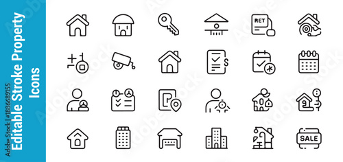 Editable stroke property icons collection with housing symbols security cameras user profiles and calendars