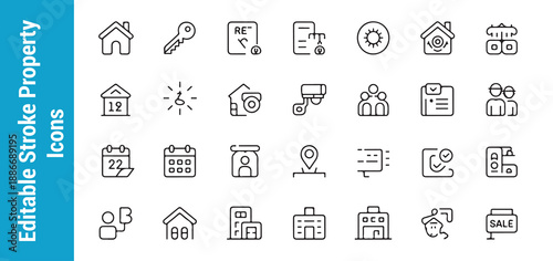 Professional real estate line icons featuring agent profiles housing types maps and contract documentation