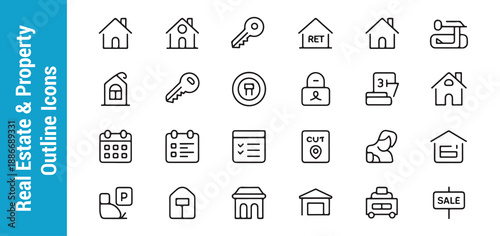 Real estate property outline icons depicting various aspects of housing buying selling and renting homes