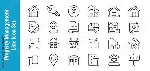 Property management line icon set collection of house key contract and building symbols