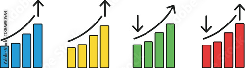 Set of colorful bar chart infographics featuring upward growth arrows and downward trend indicators for business data analysis and financial reporting