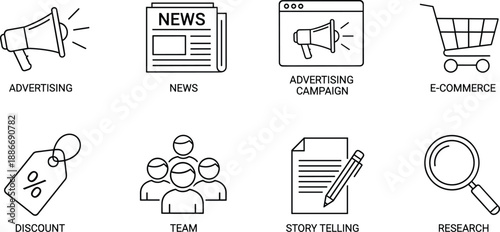 Set of marketing line icons featuring megaphone news e-commerce shopping cart discount tags team collaboration story telling and business research symbols