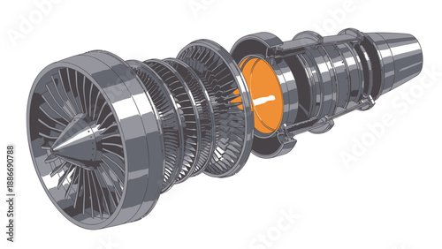 Detailed 3d rendering of a jet engine turbine with exposed internal components and orange accents on a white background