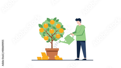 Man watering a potted orange tree with coins on the ground