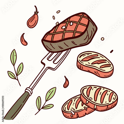 Barbecue, pieces of meat on fork food meat. Hand drawn steak BBQ sketch vector illustration