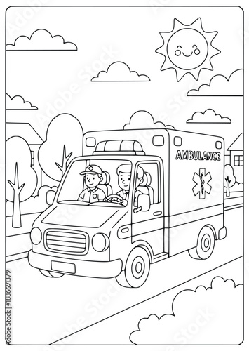 Ambulance coloring page for children featuring driving medical vehicle scene