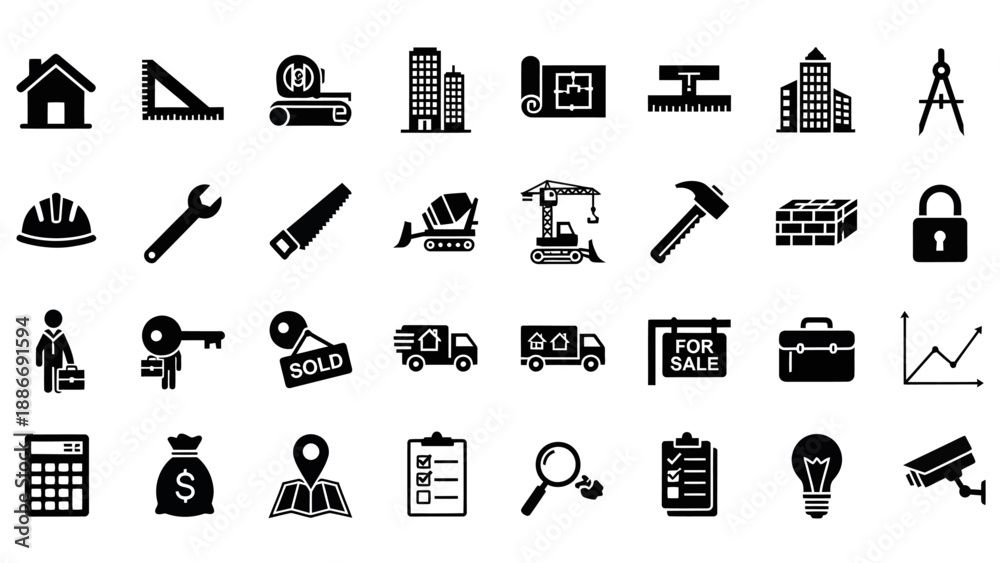 Obraz premium Real estate sale and property investment icons set vector illustration flat design